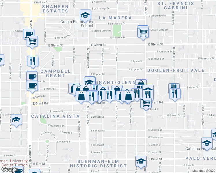map of restaurants, bars, coffee shops, grocery stores, and more near 2721 East Alturas Street in Tucson
