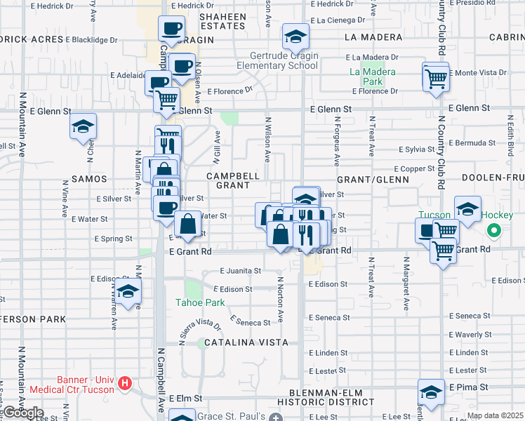 map of restaurants, bars, coffee shops, grocery stores, and more near 2234 East Silver Street in Tucson