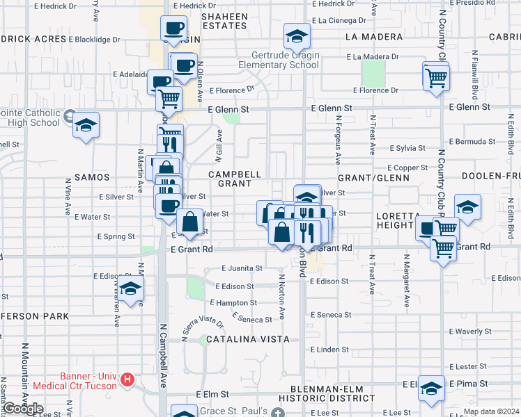 map of restaurants, bars, coffee shops, grocery stores, and more near 2234 East Silver Street in Tucson