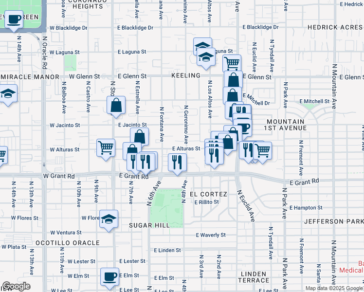 map of restaurants, bars, coffee shops, grocery stores, and more near 2530 North Geronimo Avenue in Tucson
