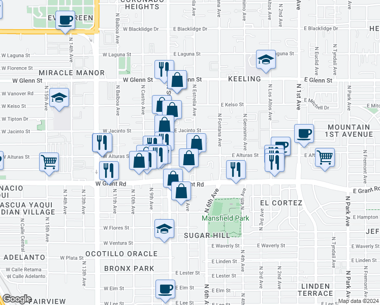 map of restaurants, bars, coffee shops, grocery stores, and more near 2525 North Estrella Avenue in Tucson