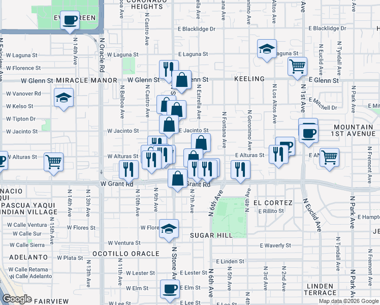 map of restaurants, bars, coffee shops, grocery stores, and more near 2525 North Estrella Avenue in Tucson