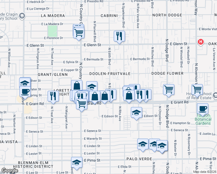 map of restaurants, bars, coffee shops, grocery stores, and more near 3261 East Water Street in Tucson