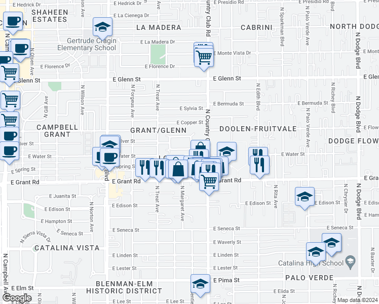 map of restaurants, bars, coffee shops, grocery stores, and more near 2934 East Cushman Drive in Tucson