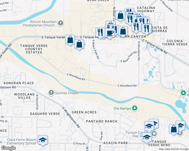 map of restaurants, bars, coffee shops, grocery stores, and more near 8741 E Woodland Rd in Tucson