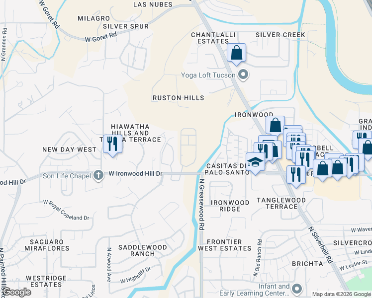 map of restaurants, bars, coffee shops, grocery stores, and more near 2550 West Ironwood Hill Drive in Tucson