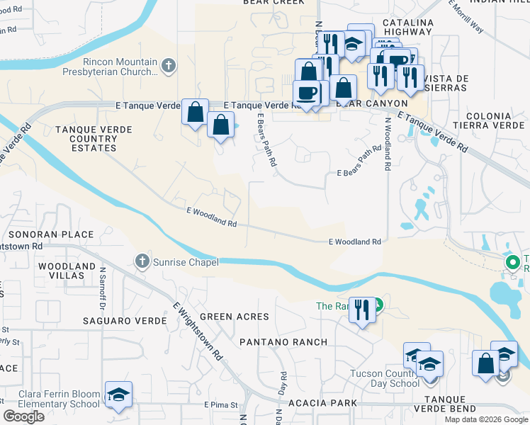 map of restaurants, bars, coffee shops, grocery stores, and more near 8741 East Woodland Road in Tucson