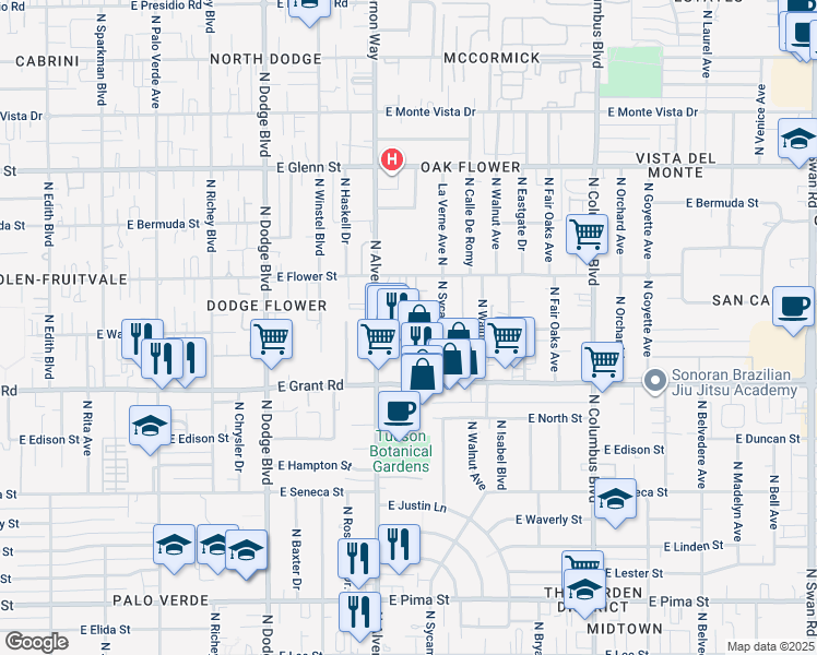 map of restaurants, bars, coffee shops, grocery stores, and more near 2525 Crow Creek Lane in Tucson