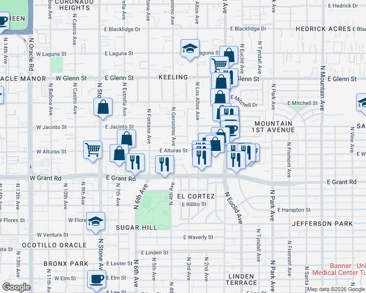 map of restaurants, bars, coffee shops, grocery stores, and more near 2525 North Los Altos Avenue in Tucson