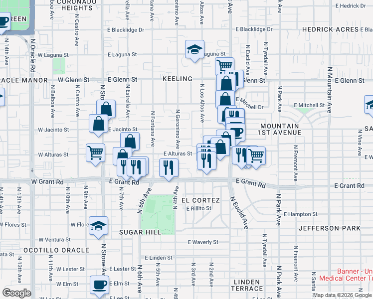 map of restaurants, bars, coffee shops, grocery stores, and more near 2530 North Geronimo Avenue in Tucson