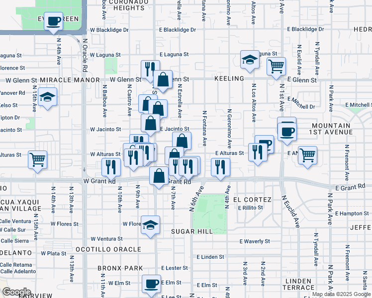 map of restaurants, bars, coffee shops, grocery stores, and more near 2525 North Estrella Avenue in Tucson
