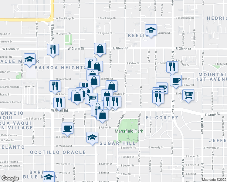 map of restaurants, bars, coffee shops, grocery stores, and more near 2525 North Estrella Avenue in Tucson
