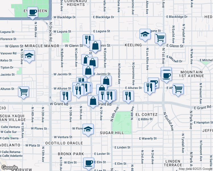 map of restaurants, bars, coffee shops, grocery stores, and more near 2525 North Estrella Avenue in Tucson