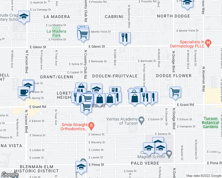 map of restaurants, bars, coffee shops, grocery stores, and more near 3249 East Water Street in Tucson