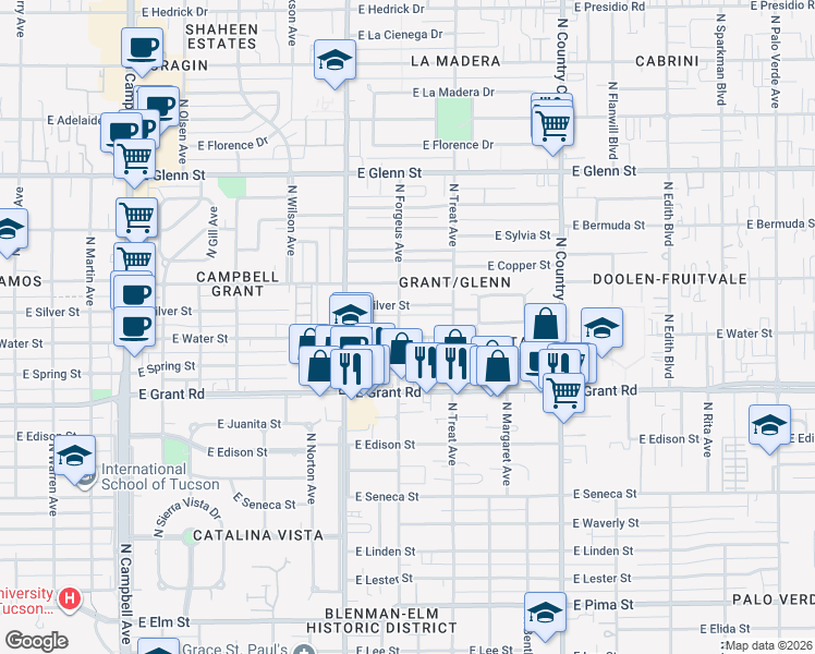 map of restaurants, bars, coffee shops, grocery stores, and more near 2512 North Forgeus Avenue in Tucson
