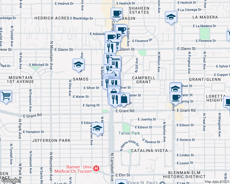 map of restaurants, bars, coffee shops, grocery stores, and more near 1932 East Silver Street in Tucson