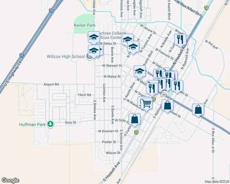 map of restaurants, bars, coffee shops, grocery stores, and more near 203 South Bowie Avenue in Willcox