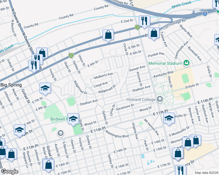 map of restaurants, bars, coffee shops, grocery stores, and more near 1214 Lloyd Avenue in Big Spring