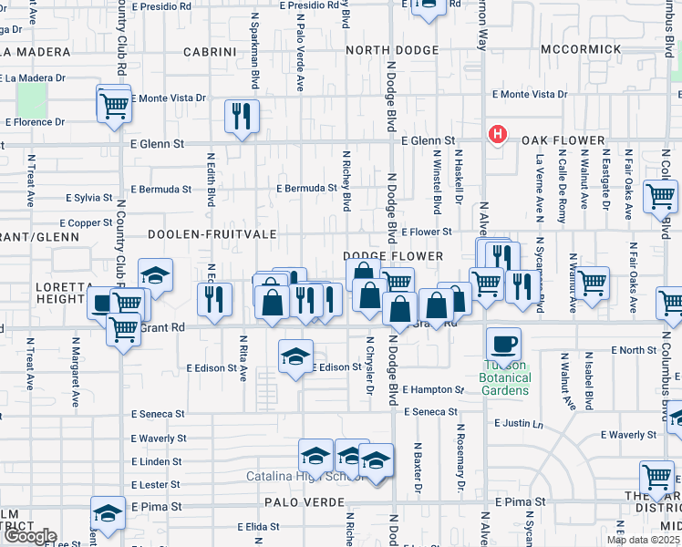map of restaurants, bars, coffee shops, grocery stores, and more near 2524 North Richey Boulevard in Tucson