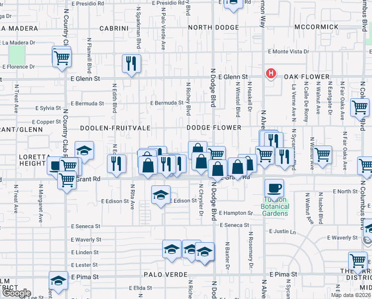map of restaurants, bars, coffee shops, grocery stores, and more near 2503 North Richey Boulevard in Tucson