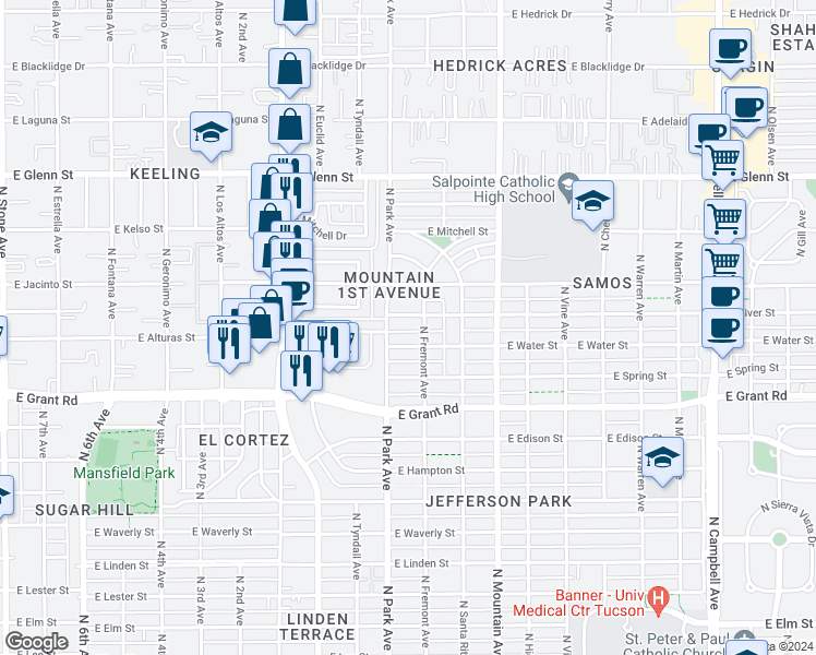 map of restaurants, bars, coffee shops, grocery stores, and more near 1020 East Silver Street in Tucson