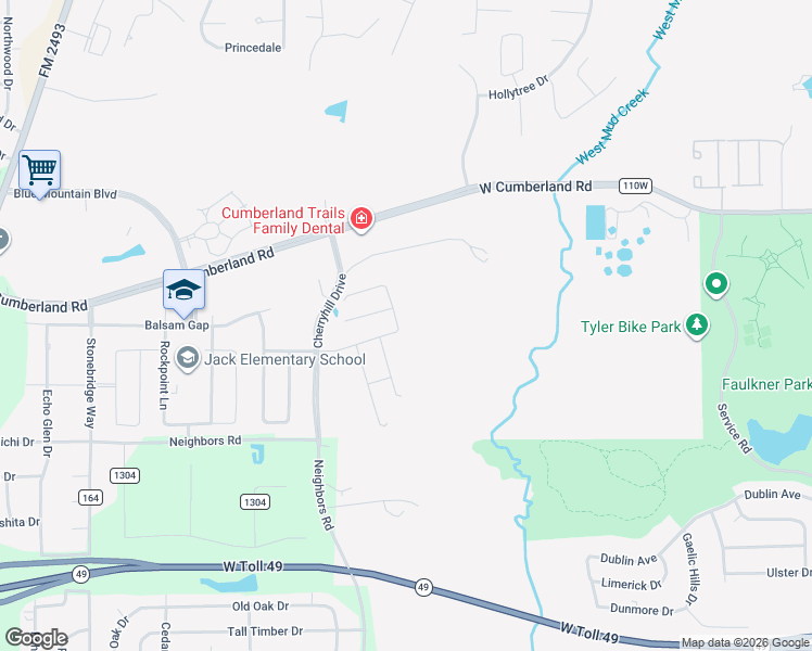 map of restaurants, bars, coffee shops, grocery stores, and more near 7616 Glade Mill Lane in Tyler