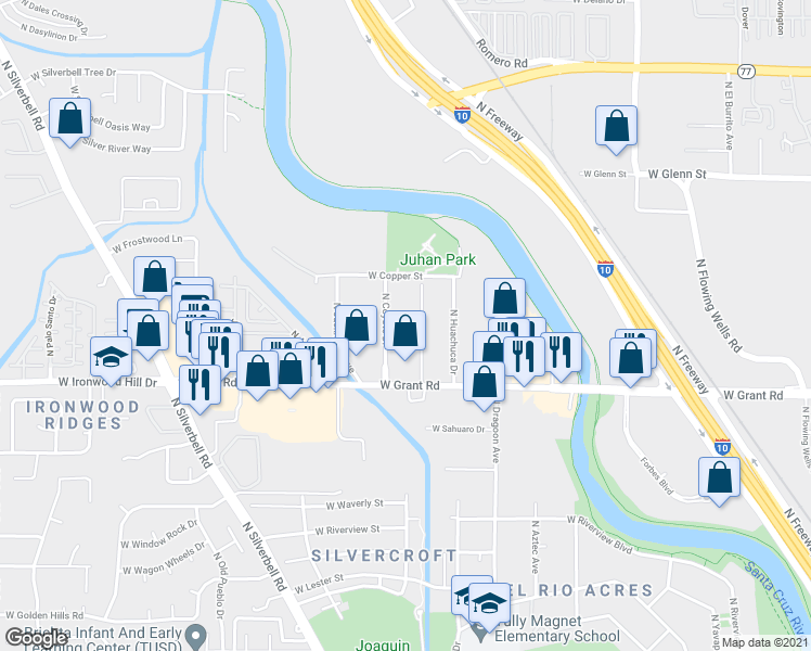 map of restaurants, bars, coffee shops, grocery stores, and more near 2520 North Coyote Drive in Tucson