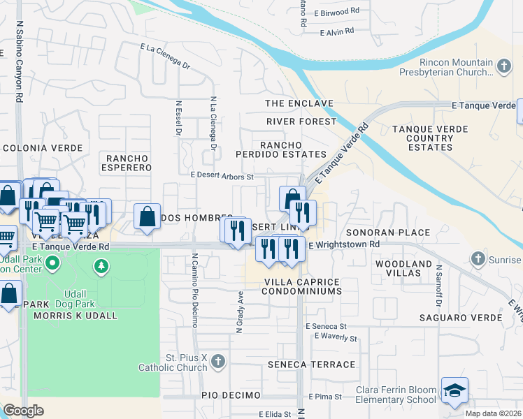 map of restaurants, bars, coffee shops, grocery stores, and more near 2522 North Blue Willow TR in Tucson