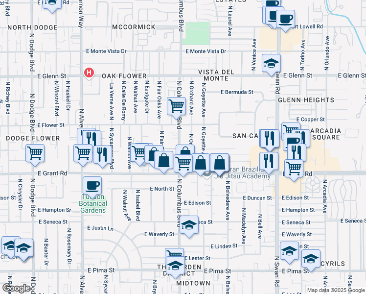 map of restaurants, bars, coffee shops, grocery stores, and more near 2514 North Columbus Boulevard in Tucson