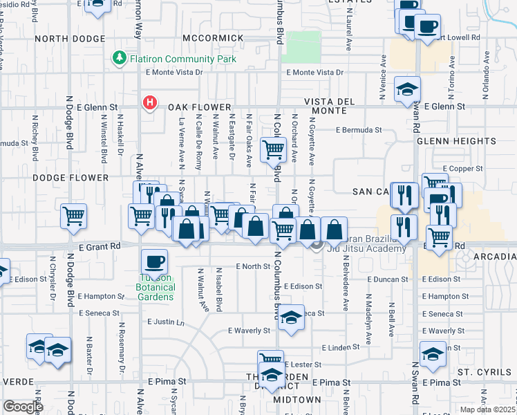 map of restaurants, bars, coffee shops, grocery stores, and more near 2520 North Fair Oaks Avenue in Tucson
