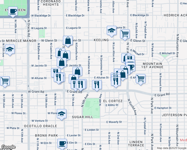 map of restaurants, bars, coffee shops, grocery stores, and more near 2526 North Fontana Avenue in Tucson