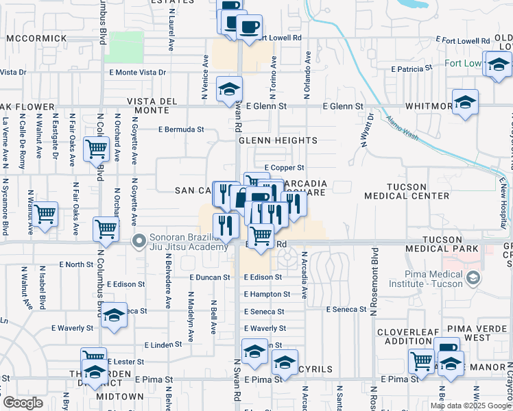map of restaurants, bars, coffee shops, grocery stores, and more near 2480 North Swan Road in Tucson