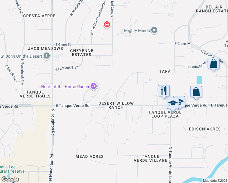 map of restaurants, bars, coffee shops, grocery stores, and more near 2447 Wychwood Court in Tucson