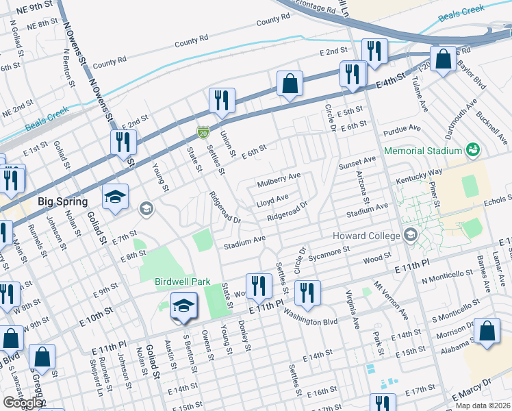 map of restaurants, bars, coffee shops, grocery stores, and more near 1101 Lloyd Avenue in Big Spring