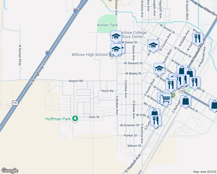 map of restaurants, bars, coffee shops, grocery stores, and more near 110 South Bisbee Avenue in Willcox
