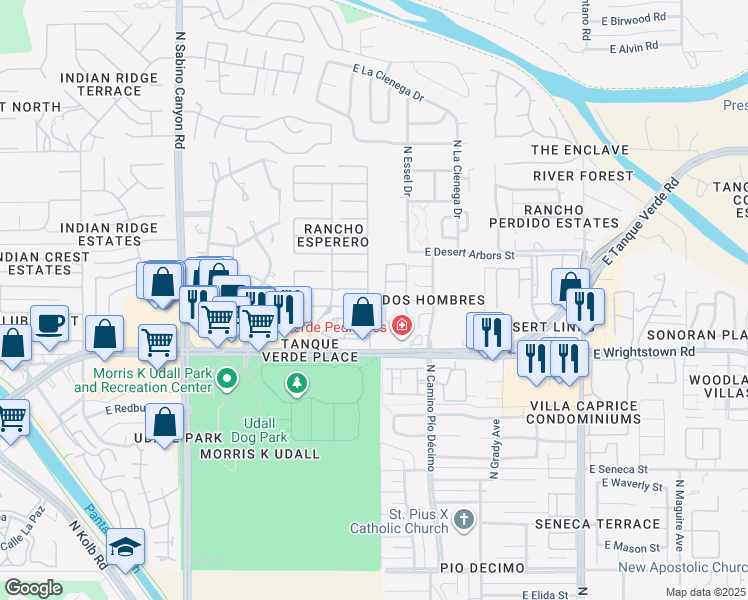 map of restaurants, bars, coffee shops, grocery stores, and more near 2520 North Bay Drive in Tucson
