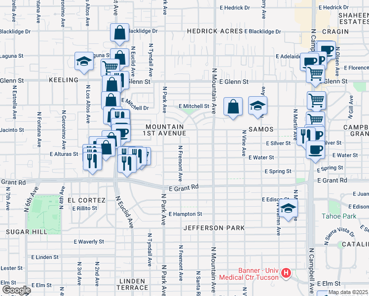 map of restaurants, bars, coffee shops, grocery stores, and more near 1112 East Silver Street in Tucson