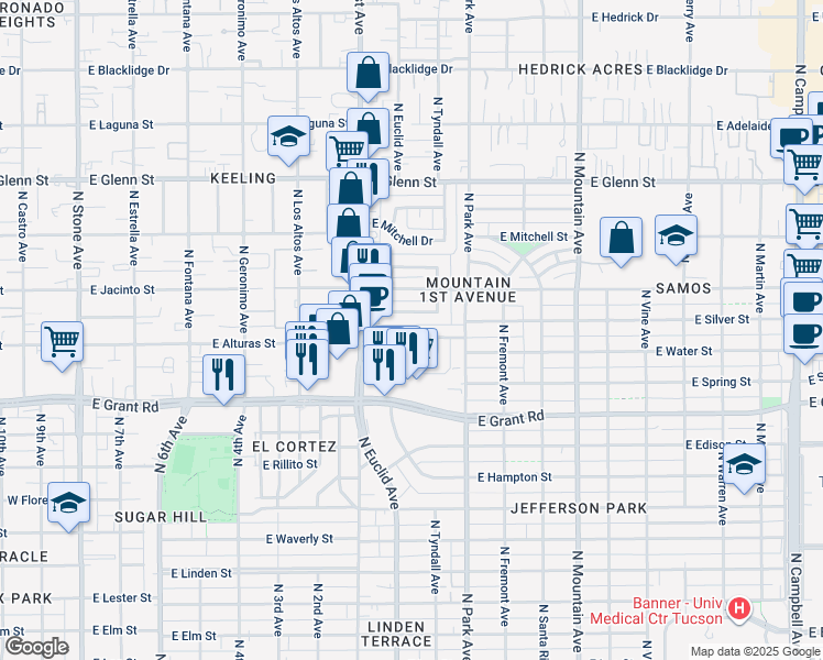 map of restaurants, bars, coffee shops, grocery stores, and more near 818 East Silver Street in Tucson