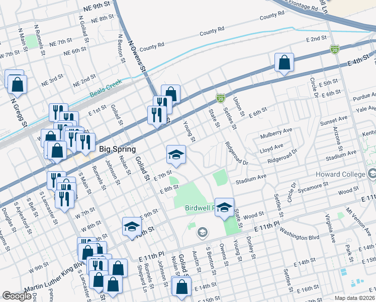 map of restaurants, bars, coffee shops, grocery stores, and more near 501-599 Owens Street in Big Spring