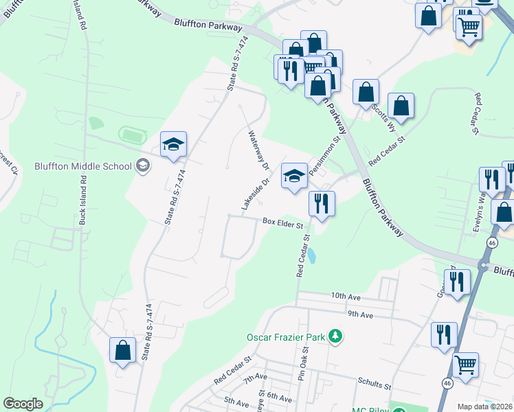 map of restaurants, bars, coffee shops, grocery stores, and more near 4 Woodside Drive in Bluffton