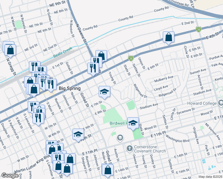 map of restaurants, bars, coffee shops, grocery stores, and more near 501-599 Owens Street in Big Spring