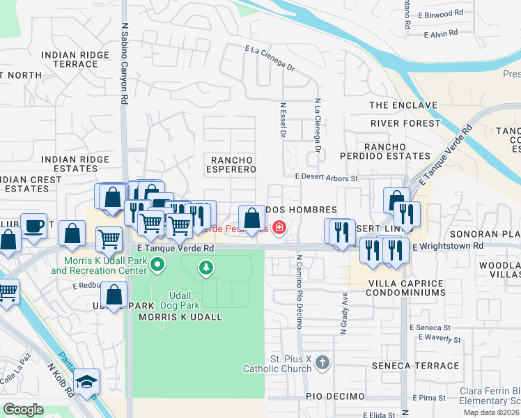 map of restaurants, bars, coffee shops, grocery stores, and more near 2520 North Bay Drive in Tucson
