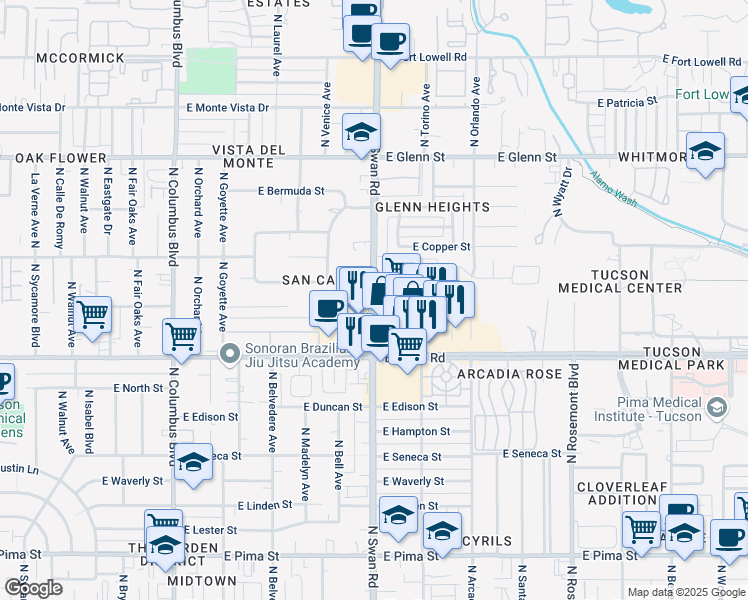 map of restaurants, bars, coffee shops, grocery stores, and more near 2490 North Swan Road in Tucson