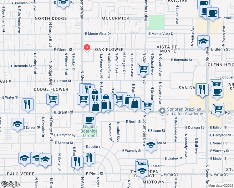 map of restaurants, bars, coffee shops, grocery stores, and more near 2520 North Walnut Avenue in Tucson