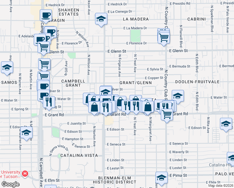 map of restaurants, bars, coffee shops, grocery stores, and more near 2554 East Alturas Street in Tucson
