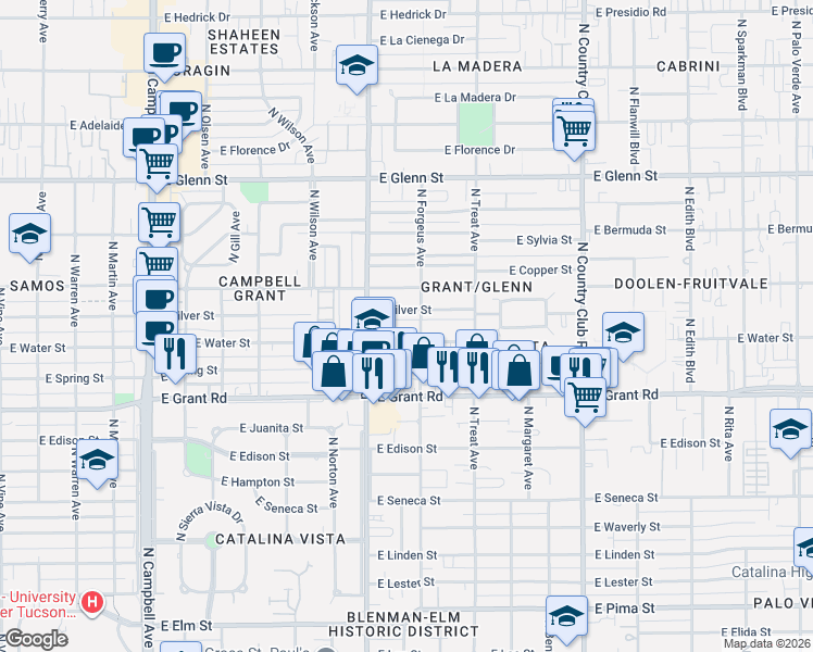 map of restaurants, bars, coffee shops, grocery stores, and more near 2554 East Alturas Street in Tucson