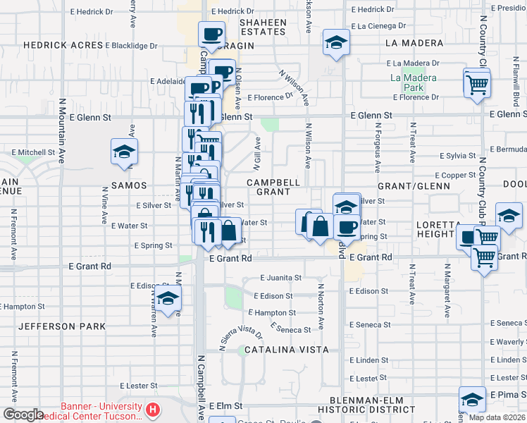 map of restaurants, bars, coffee shops, grocery stores, and more near 2126 East Silver Street in Tucson