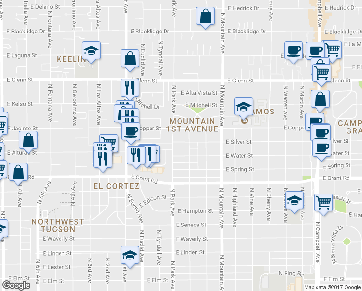 map of restaurants, bars, coffee shops, grocery stores, and more near 1005 East Silver Street in Tucson