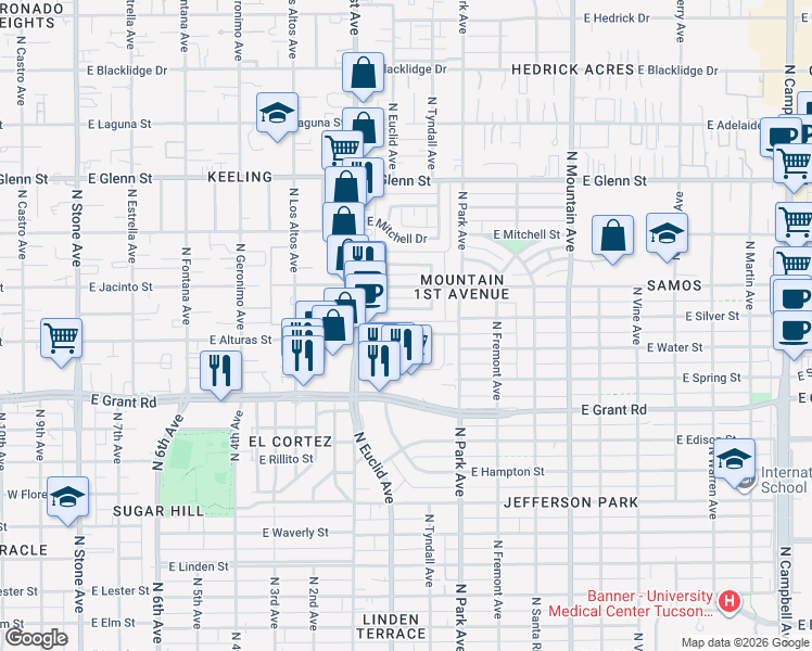 map of restaurants, bars, coffee shops, grocery stores, and more near 818 East Silver Street in Tucson