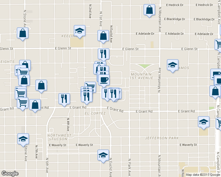 map of restaurants, bars, coffee shops, grocery stores, and more near 818 East Silver Street in Tucson